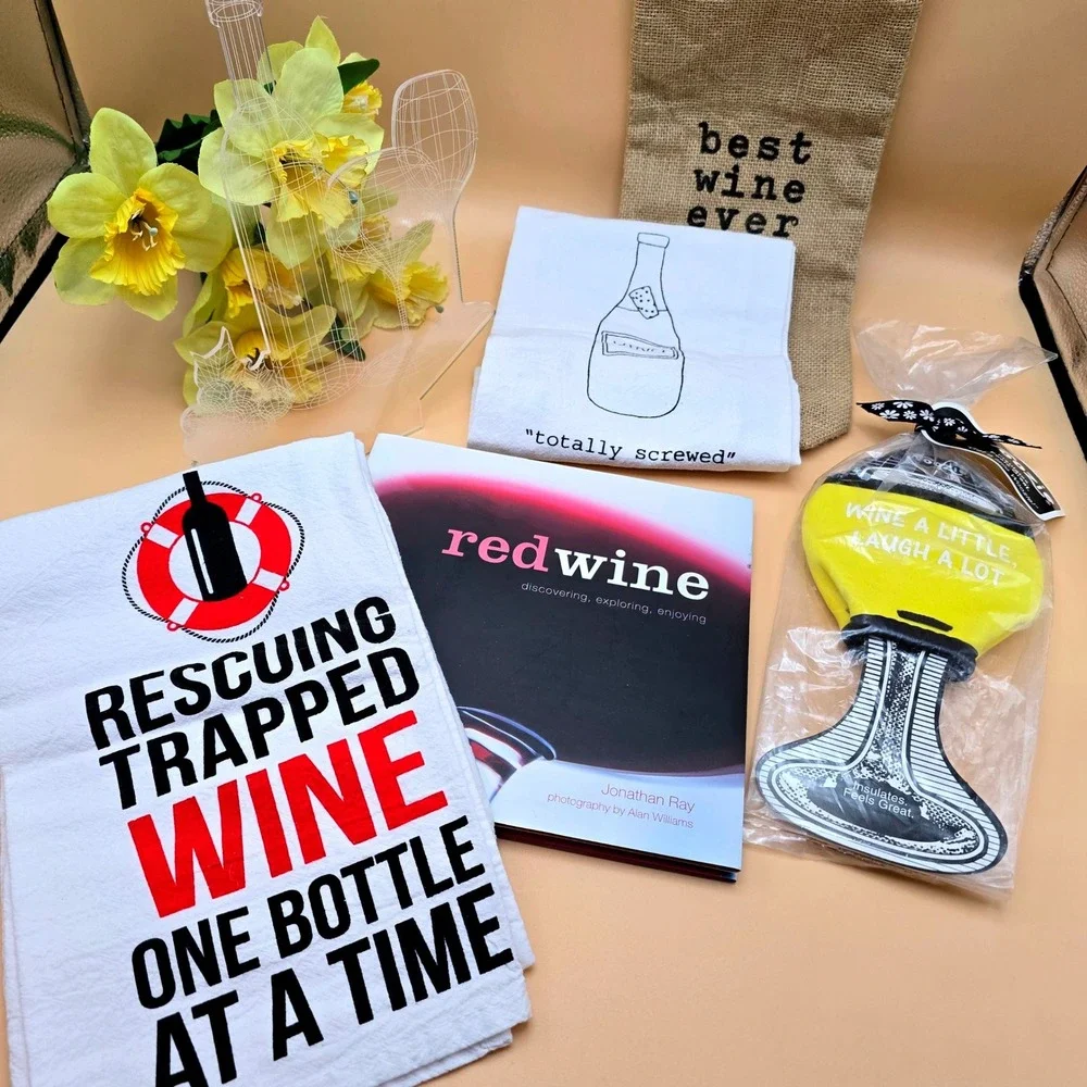 Wine Lovers Gift Set Book Towels Burlap Bag Woozie Sleeve Wine Decor 6 Pc